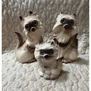 VTG Roselane Pottery Big Eye Cat Family Figurines Set of 3 Ceramic Kittens USA
